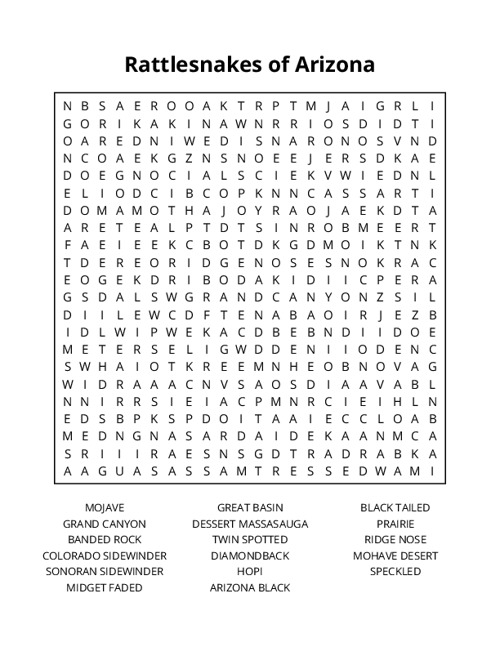 Rattlesnakes of Arizona Word Search Puzzle