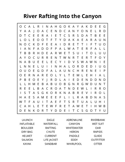 River Rafting Into the Canyon Word Search Puzzle