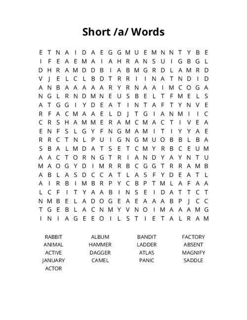 Short /a/ Words Word Search Puzzle