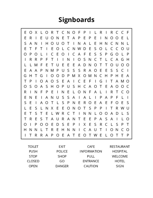 Signboards Crossword Puzzle
