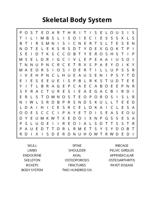 Skeletal Body System Word Search Puzzle