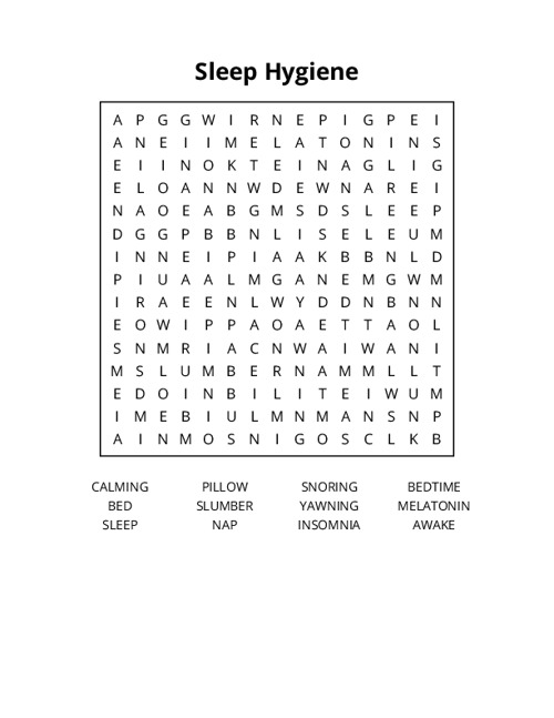 Sleep Hygiene Word Search Puzzle