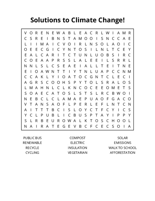 Solutions to Climate Change! Word Search Puzzle