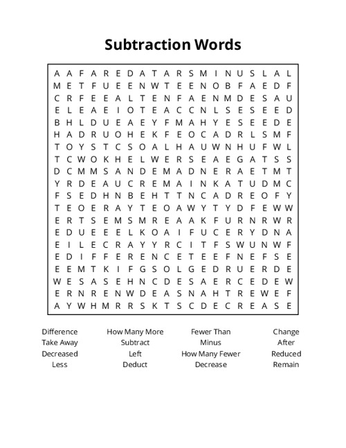 Subtraction Words Word Search Puzzle