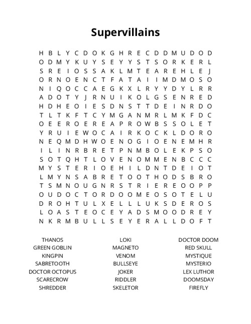 Supervillains Word Search Puzzle