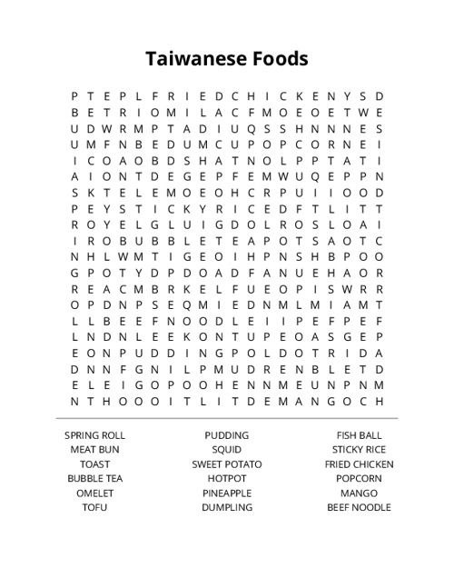 Taiwanese Foods Word Search Puzzle