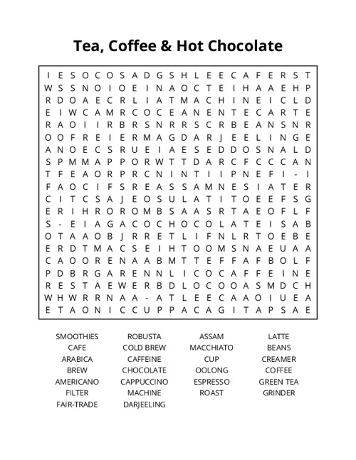 Tea, Coffee & Hot Chocolate Word Search Puzzle