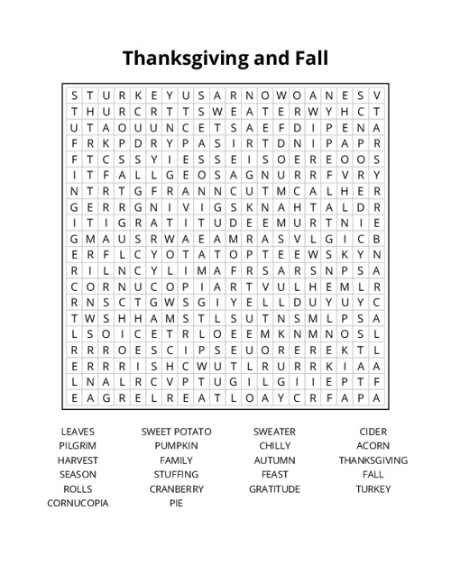 Thanksgiving and Fall Word Search Puzzle