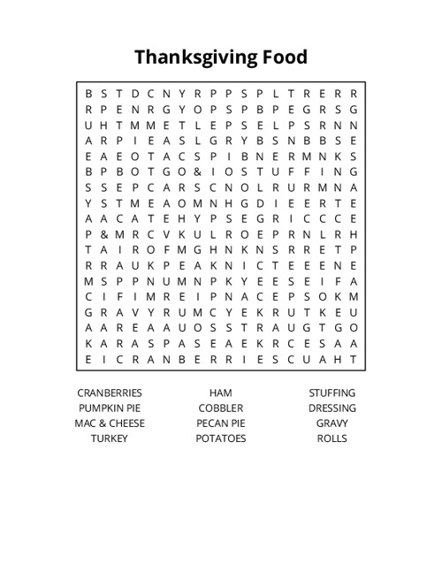 Thanksgiving Food Word Search Puzzle