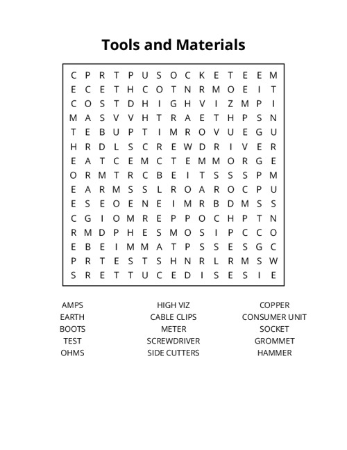 Tools and Materials Word Search Puzzle