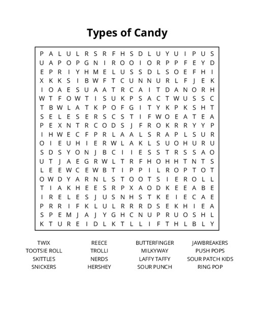 Types of Candy Word Search Puzzle