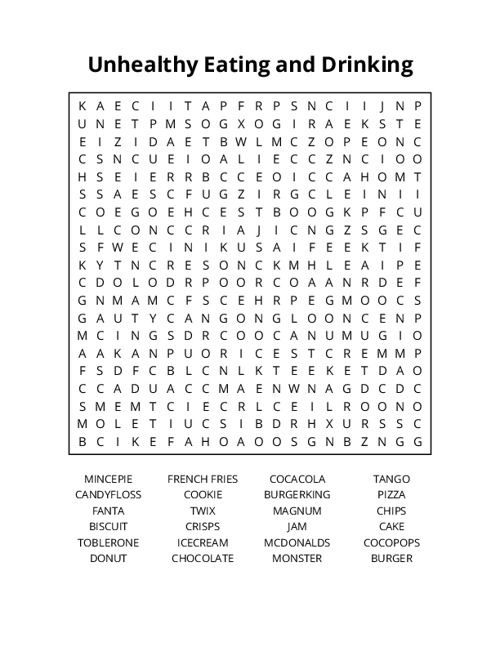 Unhealthy Eating and Drinking Word Search Puzzle