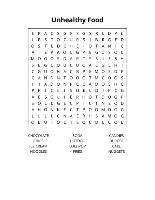 Unhealthy Food Word Search Puzzle