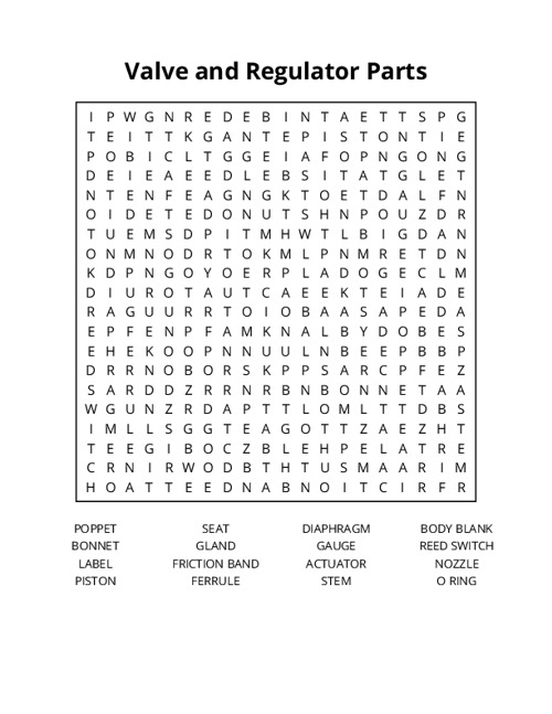 Valve and Regulator Parts Word Search Puzzle