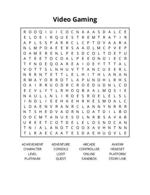 Video Gaming Word Search Puzzle