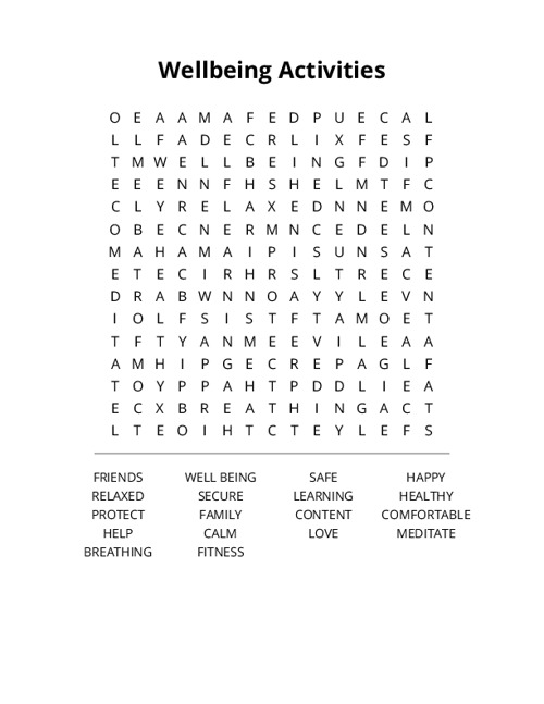Wellbeing Activities Word Search Puzzle