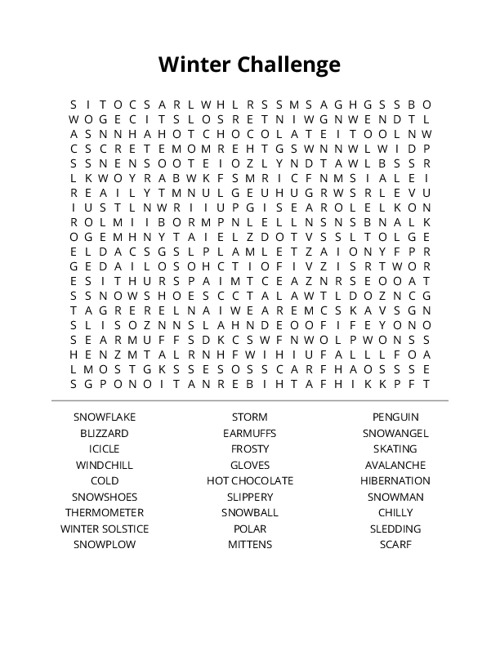 Winter Challenge Word Search Puzzle