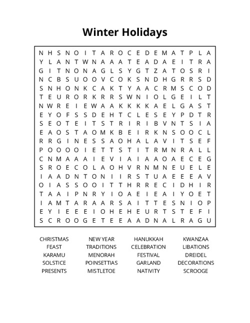 Winter Holidays Word Search Puzzle