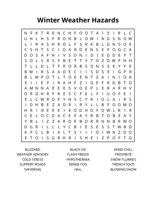 Winter Weather Hazards Word Search Puzzle