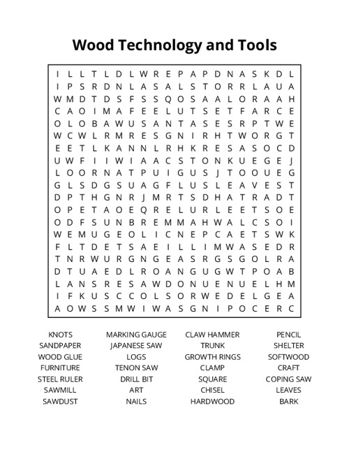Wood Technology and Tools Word Search Puzzle