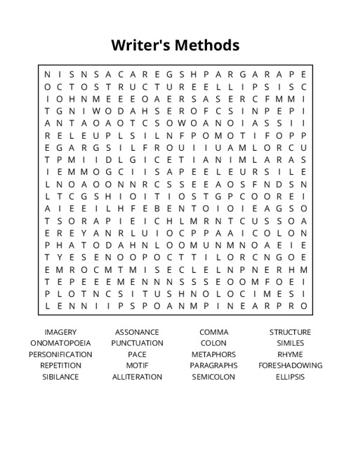 Writer's Methods Word Search Puzzle