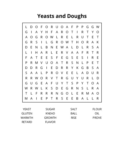 Yeasts and Doughs Word Search Puzzle