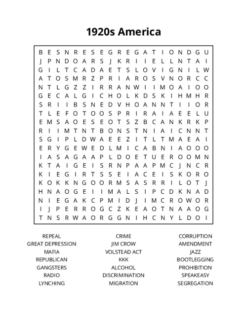 1920s America Word Search Puzzle