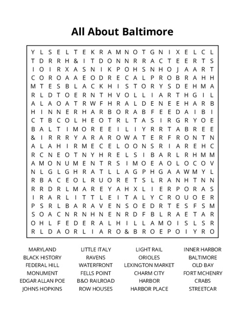 All About Baltimore Word Search Puzzle
