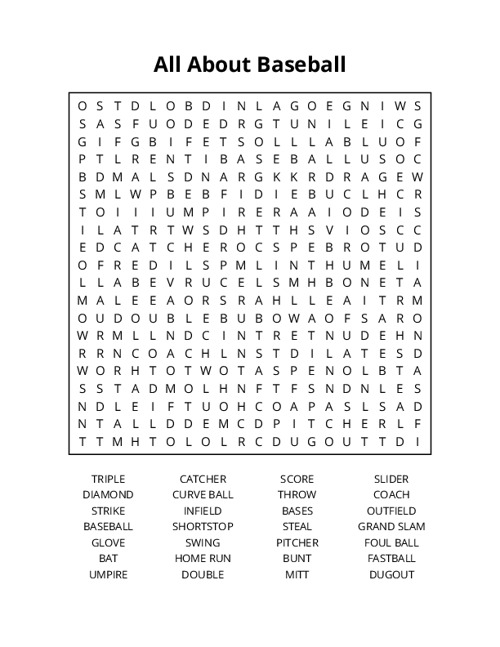 All About Baseball Word Search Puzzle