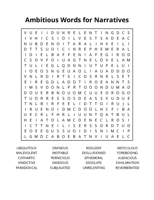Ambitious Words for Narratives Word Search Puzzle