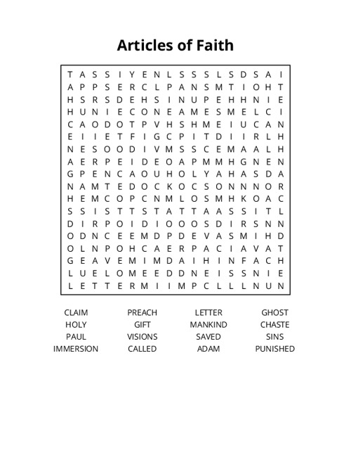 Articles of Faith Word Search Puzzle