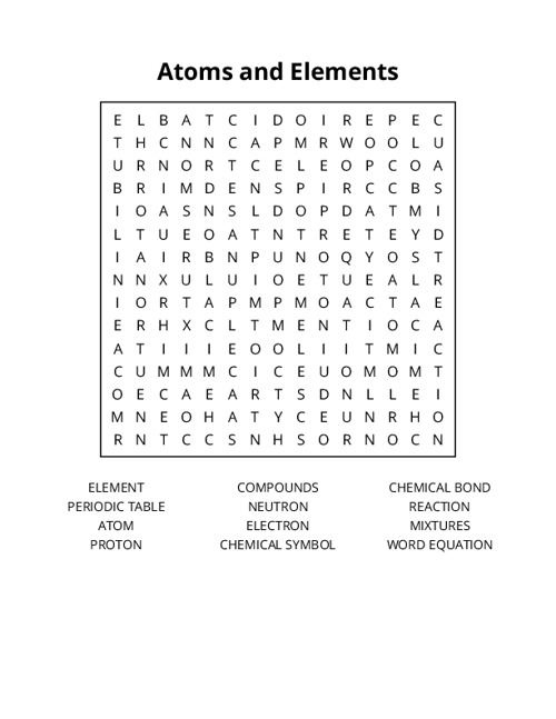 Atoms and Elements Word Search Puzzle