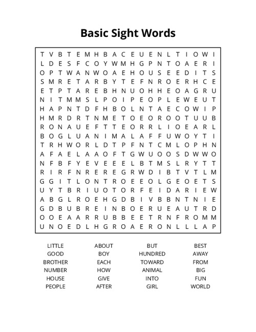 Basic Sight Words Word Search Puzzle