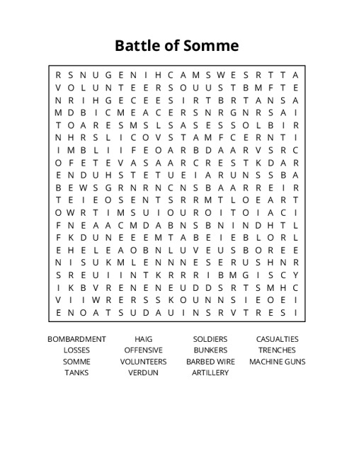 Battle of Somme Word Search Puzzle