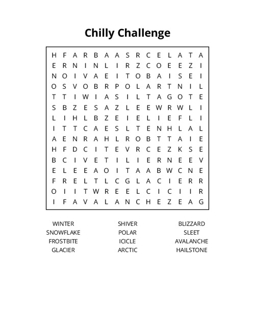 Chilly Challenge Word Search Puzzle
