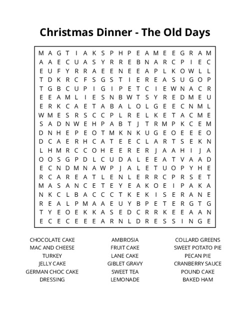 Christmas Dinner - The Old Days Word Search Puzzle