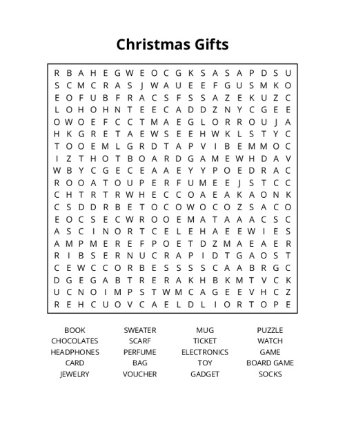 Christmas Gifts Word Search Puzzle
