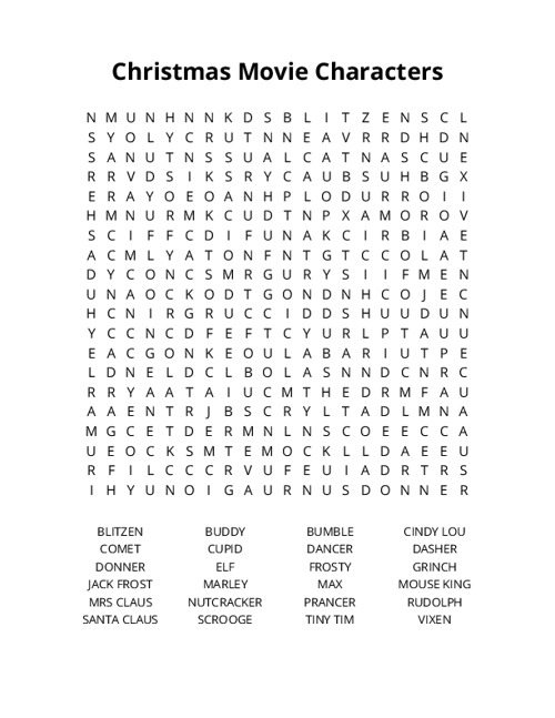 Christmas Movie Characters Word Search Puzzle