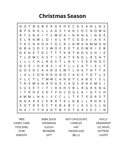 Christmas Season Word Search Puzzle