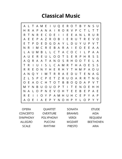 Classical Music Word Search Puzzle