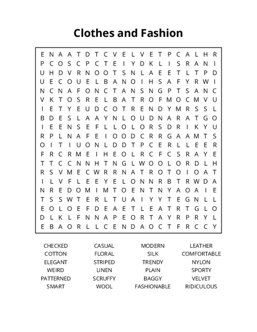 Clothes and Fashion Word Search Puzzle