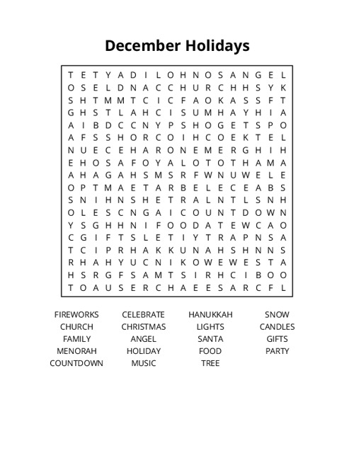 December Holidays Word Search Puzzle