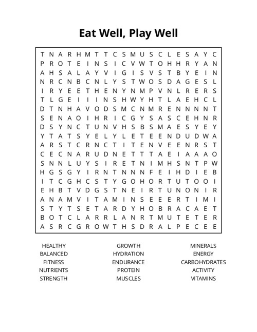 Eat Well, Play Well Word Search Puzzle