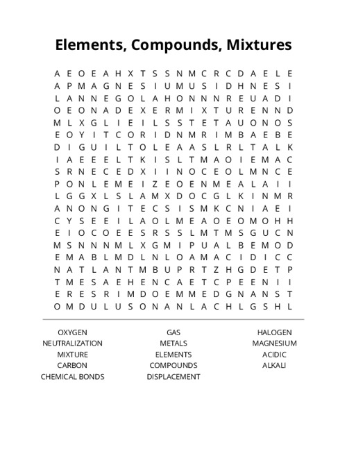 Elements, Compounds, Mixtures Word Search Puzzle