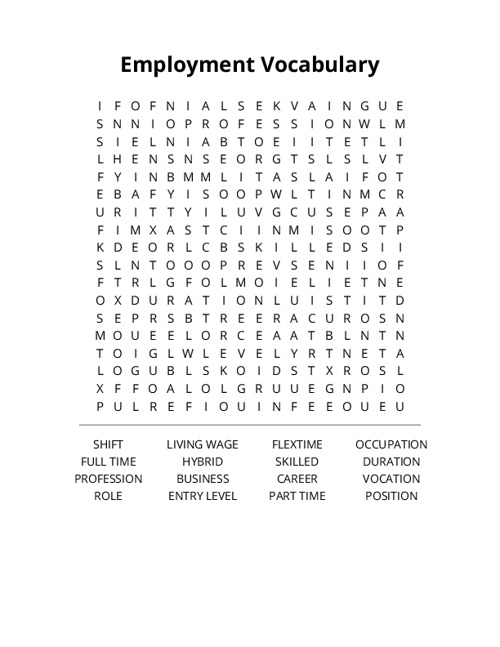 Employment Vocabulary Word Search Puzzle