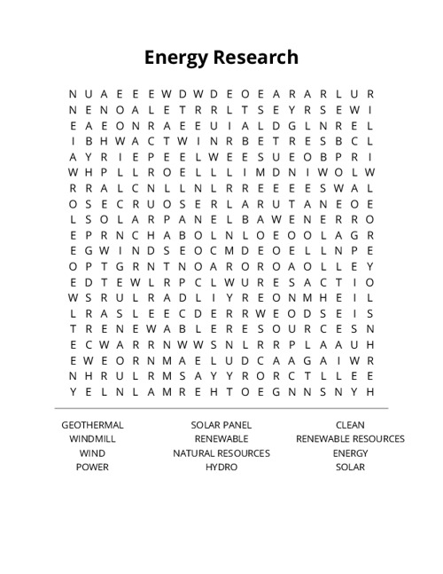 Energy Research Word Search Puzzle