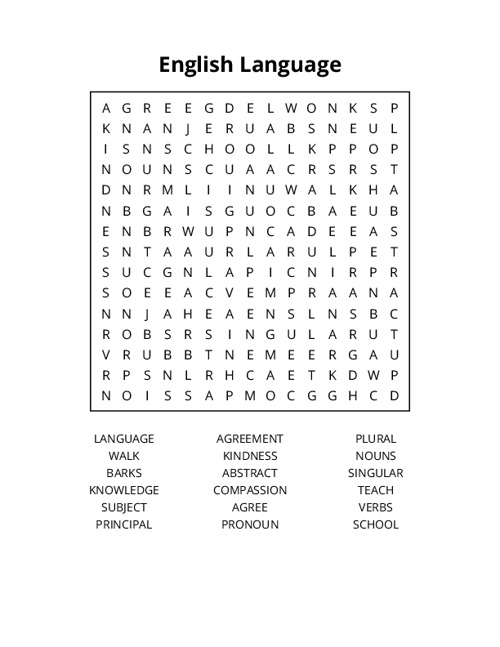 English Language Word Search Puzzle