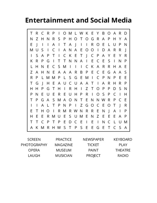 Entertainment and Social Media Word Search Puzzle