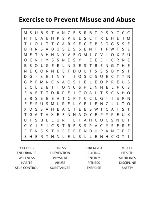 Exercise to Prevent Misuse and Abuse Word Search Puzzle