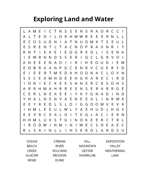 Exploring Land and Water Word Search Puzzle